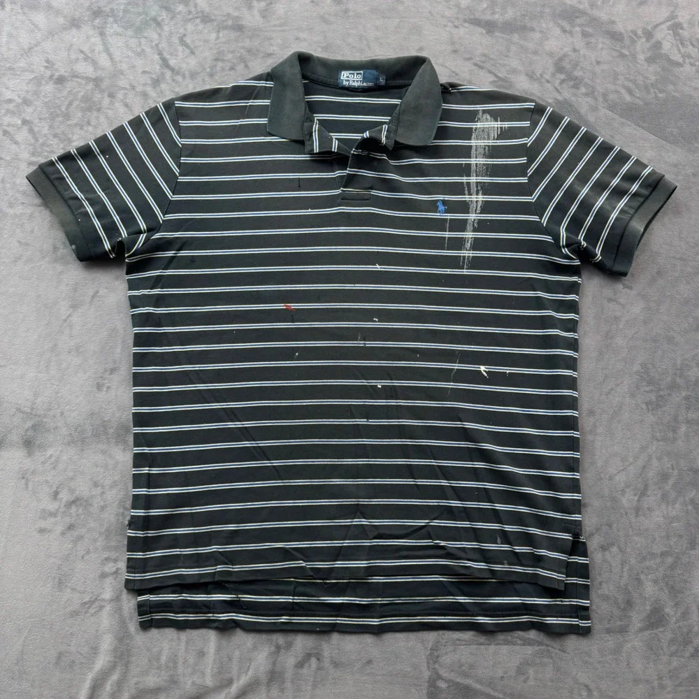 Polo Ralph Lauren Mens Large Black Striped Thrashed Paint Splatter Polo Shirt